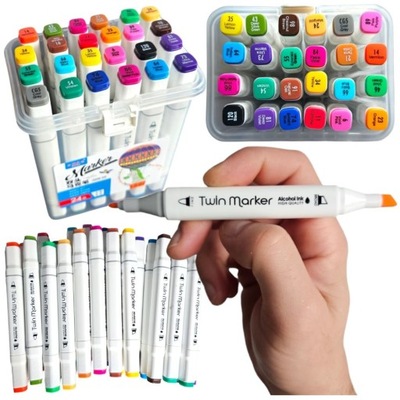 MARKERY ALKOHOLOWE 24 SZT Flamastry Mazaki Pisaki Dwustronne Pro + KUFEREK