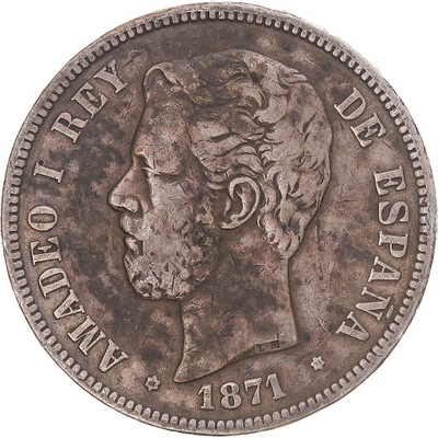Moneta, Hiszpania, Amadeao I, 5 Pesetas, 1871, Mad