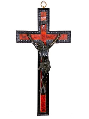 Krzyż dębowy z Jezusem z brązu 1m !!! Połowa XIXw