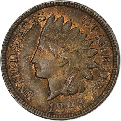 USA, Indian Head, Cent, 1893, Philadelphia, AU(50-