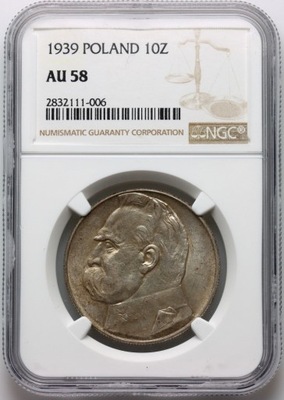 Polska, II RP, 10 złotych 1939, Józef Piłsudski, NGC AU58