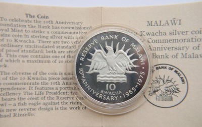 MALAWI 10 KWACHA 1975 RESERVE BANK SREBRO