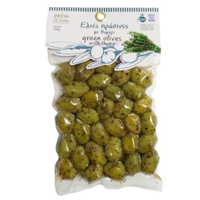 Greckie zielone oliwki niedrylow z tymiankiem 250g