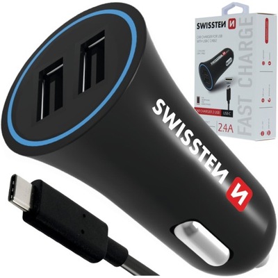 Ładowarka Samochodowa 2,4A 2x USB + kabel USB / USB-C 1,2m SWISSTEN