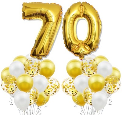 Zestaw ZŁOTE BALONY na 70 URODZINY rocznicę gody jubileusz BIAŁE konfetti