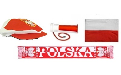 Polska zestaw kibica Polski reprezentacji kaszkiet szalik trąbka flaga