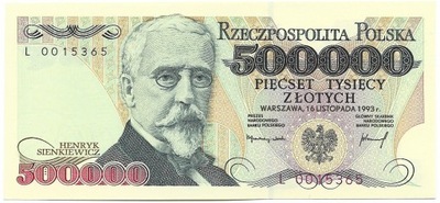 500 000 Zł H. Sienkiewicz 1993r Seria L Stan/UNC-