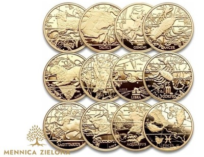Zestaw 12 Złotych Monet Kolekcjonerskich Znaki Zodiaku
