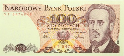 PRL BANKNOT 100 Złotych 1986 seria ST WARYŃSKI UNC