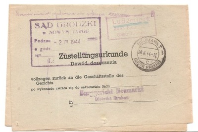 GENERALNE GUBERNATORSTWO -NOWY TARG LUDŹMIERZ -SĄD GRODZKI - pismo 1944 rok