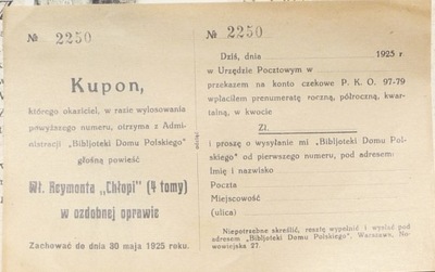 Kupon No 2250 na Chłopów w ozdobnej oprawie 1925