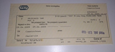 BILET KOLEJOWY PKP CZĘSTOCHOWA - ZAWIERCIE