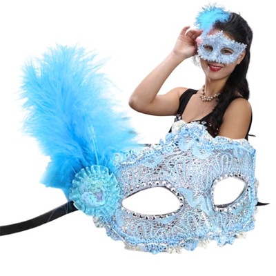 MASKA WENECKA KARNAWAŁOWA NA BAL MASKOWY Z PIÓRAMI NA OCZY NIEBIESKA