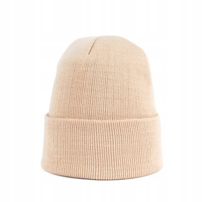 Czapka Damska Beżowa Podwijana Beanie Młodzieżowa Zimowa Casual