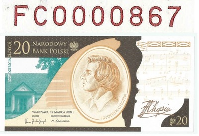Banknot 20 zł Chopin 2009 B. NISKI NUMER FC0000867