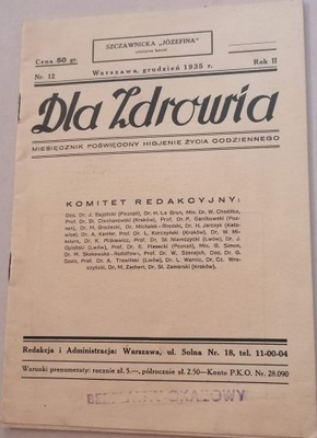 Dla zdrowia 1935 Miesięcznik Nr 12