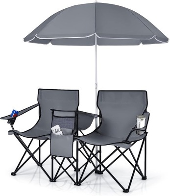 2 Krzesła składane piknik parasol szare zestaw