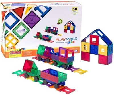 PLAYMAGS KLOCKI MAGNETYCZNE KOLOROWE PŁYTKI ZESTAW 50 ELEMENTÓW