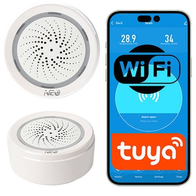 Syrena alarmowa WiFi NEO z pomiarem temperatury i wilgotności Tuya 90db