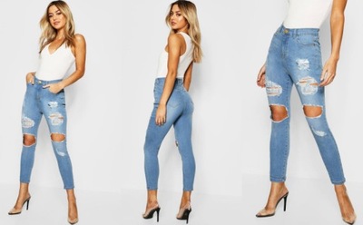 4C0B30 A02 BOOHOO PETITE NIEBIESKIE RURKI JEANSY Z DZIURAMI XS