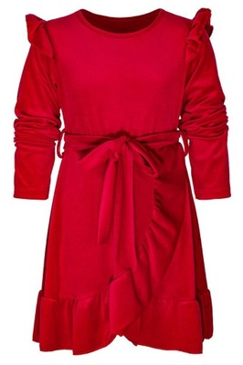 Urocza sukienka welurowa czerwona z falbanką 110 116