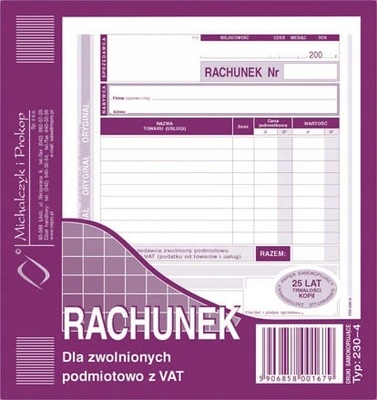 Rachunek dla zwolnionych z VAT 2/3 A5 MiP 230-4 80