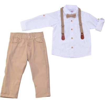 Zestaw dla chłopca koszula spodnie szelki mucha - beżowy 2 lata