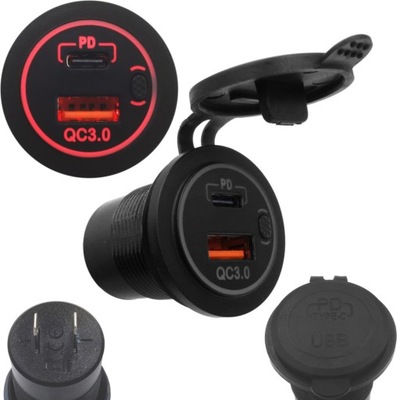 ŁADOWARKA SAMOCHODOWA MONTAŻOWA USB Z WYŁĄCZNIKIEM USB-C PD i QC3.0 DO AUTA