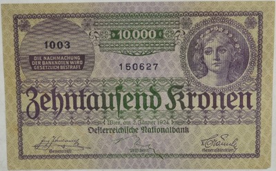 14.aj.Austria, 10 000 Koron 1924 rzadki, St.2/3+