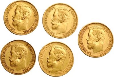 ck Rosja 5 rubli Mikołaj II zestaw 5 monet złoto