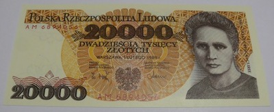 20000 zł 1989 M. SKŁODOWSKA - ser. AM - STAN BANKOWY - gratis moneta