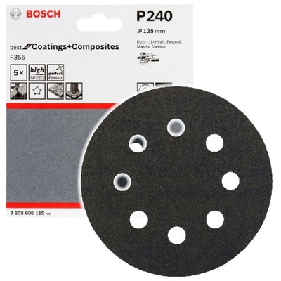 БУМАГА ŚCIERNY KRĄŻEK BOSCH F355 125MM GR.240 MARMUR KOMPOZYT OP. 5 ШТ