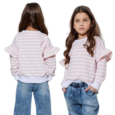 BLUZA W PASKI BIAŁO- RÓŻOWE z falbaną | ALL FOR KIDS | PL 152/158