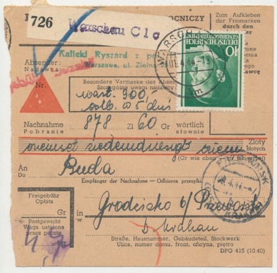 GG - Skart Paketkarte Warszawa C1c 1944. (815)