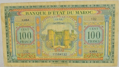 11.fu.Maroko, 100 Franków 1.03.1944 rzadki, St.3+