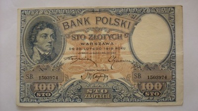 Banknot 100 złotych 1919 seria SB stan 3