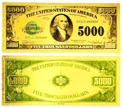 5000 DOLARÓW 1928 Pozłacany Unikatowy Banknot Kolekcjonerski