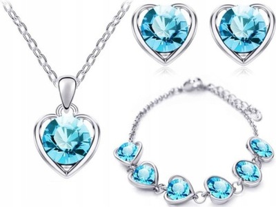 Posrebrzany komplet biżuterii niebieskie serca blekitne serduszka prezent
