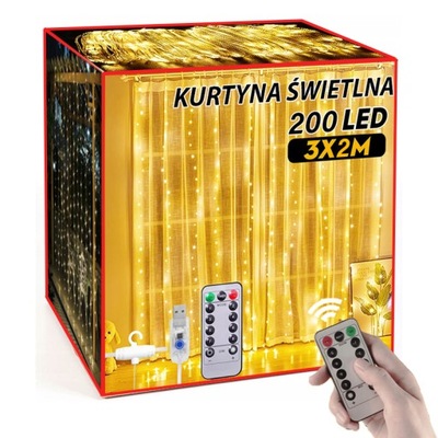 KURTYNA ŚWIETLNA 200LED LAMPKI 3x2M USB