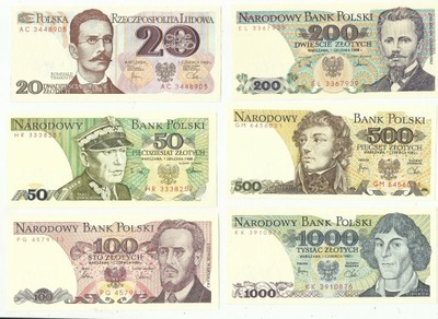 Zestaw banknotów PRL od 20 zł + 50 + 100 + 200 + 500 + 1000 zł 6 x UNC