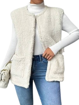 SHEIN KAMIZELKA PLUSZOWA BEŻOWA DAMSKA Z KIESZENIAMI 44 ŁYG