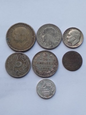 Zestaw monet srebrnych, 6 sztuk, 2 złote 1933, 20 kopiejek 1914 BC i inne