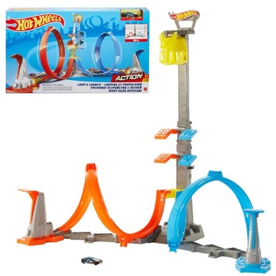 HOT WHEELS ZESTAW TORÓW PODWÓJNA PĘTLA MEGA WIEŻA 80CM GRW39 + AUTKO