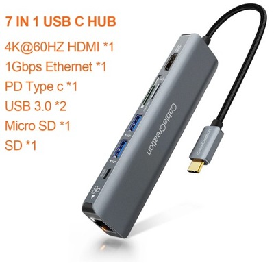 Kabel USB typu C Hub HDMI 4K 60Hz 7 w 1 Adapter USB C RJ45 PD typ ła~1921