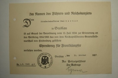 Niemcy - Krzyż 1914-18 z Mieczami - dyplom nadania - Breslau - Wrocław 1935