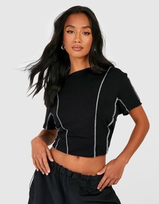 CROP TOP BIAŁY PRZESZYCIA KRÓTKI RĘKAW KOSZULKA T -SHIRT BOOHOO 36