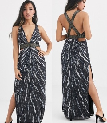 sukienka długa grafitowa cekinowa srebrna 42 XL