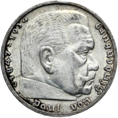 + Niemcy - III Rzesza - 5 Marek 1937 J - HINDENBURG SWASTYKA - Srebro