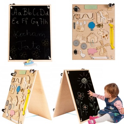 Tablica sensoryczna manipulacyjna kredowa dwustronna drewniana dla dzieci
