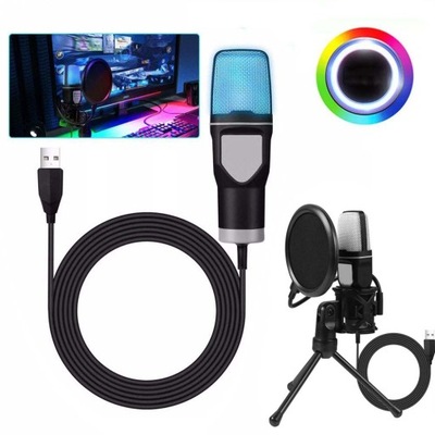 MIKROFON POJEMNOŚCIOW STUDYJNY Z TRIPODEM FILTR POP DO KOMPUTERA NA USB LED